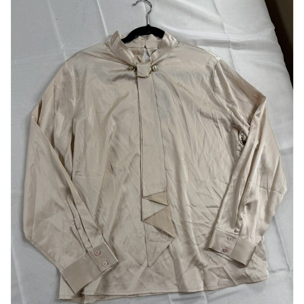 LILYSILK Silk Blend High Stand Collar Tie Blouse Long Sleeve Champagne XXL US 18